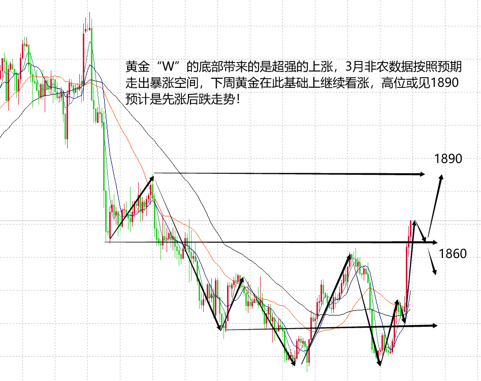 山海：3月非农黄金走出预期大涨下周关注1850得失！