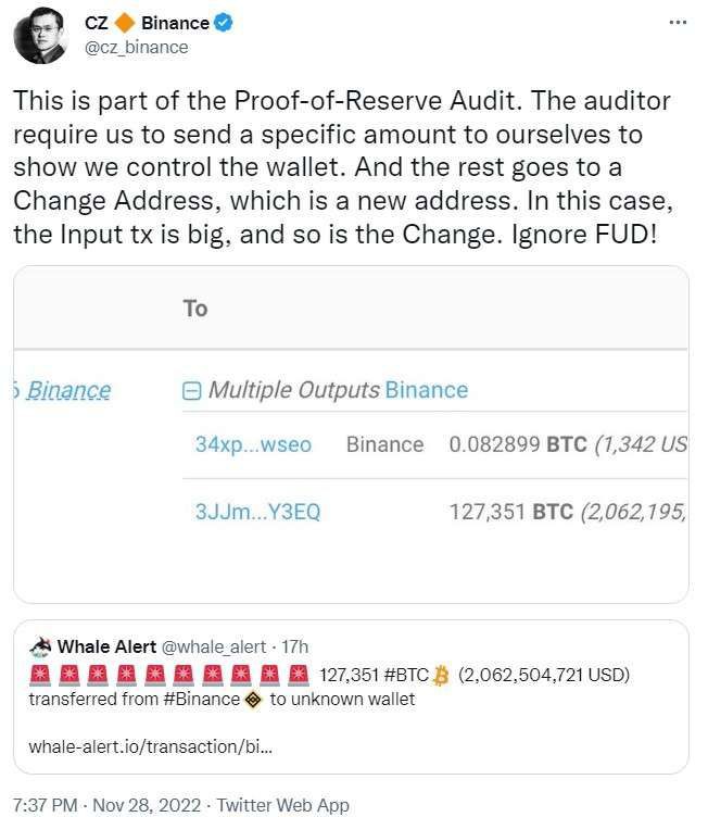CZ：币安将在近日对所有冷钱包地址执行BTC大额转移操作