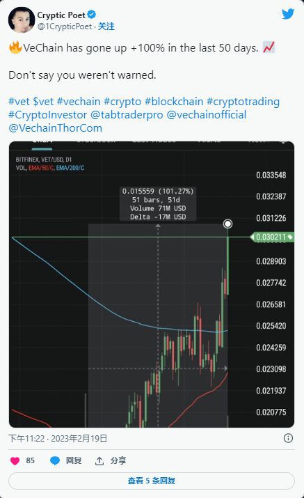 VeChain：在2023年上涨100%后飙升至0.03美元