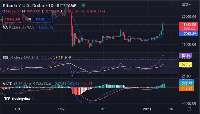 比特币价格分析：BTC在看涨后回升至18,937美元