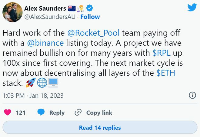 RocketPool(RPL)在币安上市后飙升55%