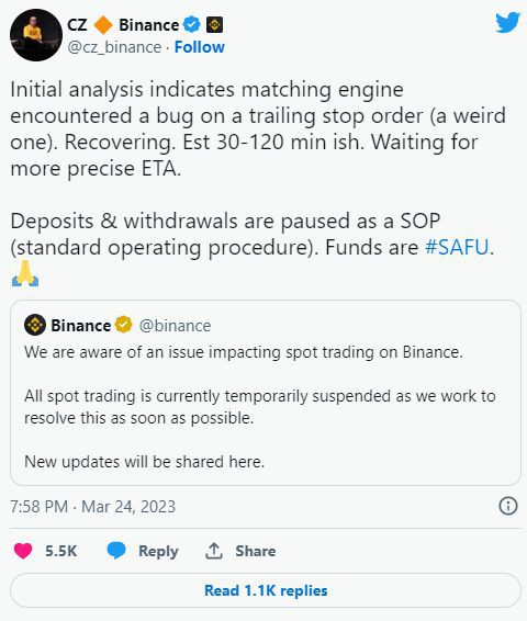币安在匹配引擎故障后停止现货交易