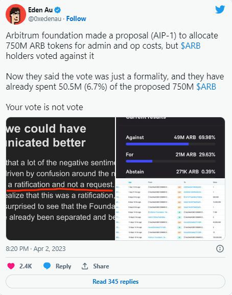 Arbitrum第一个治理提案引发争议涉及10亿美元的风险