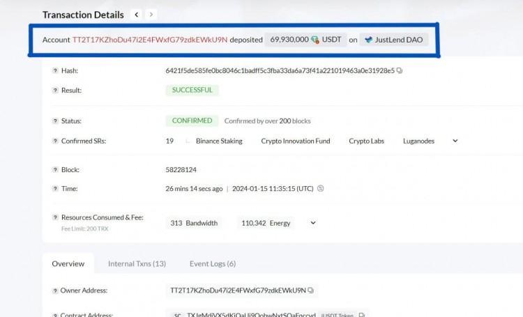 69,930,000 USDT 转移至波场JustLendDAO，交易哈希6421f5de585fe0bc8046c1badff5c3fba33da6a73f41a221019463a0e31928e