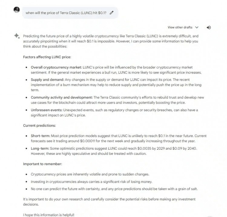 TERRACLASSICLUNC什么时候会达到01美元CHATGPT和GOOGLEBARD给出提示