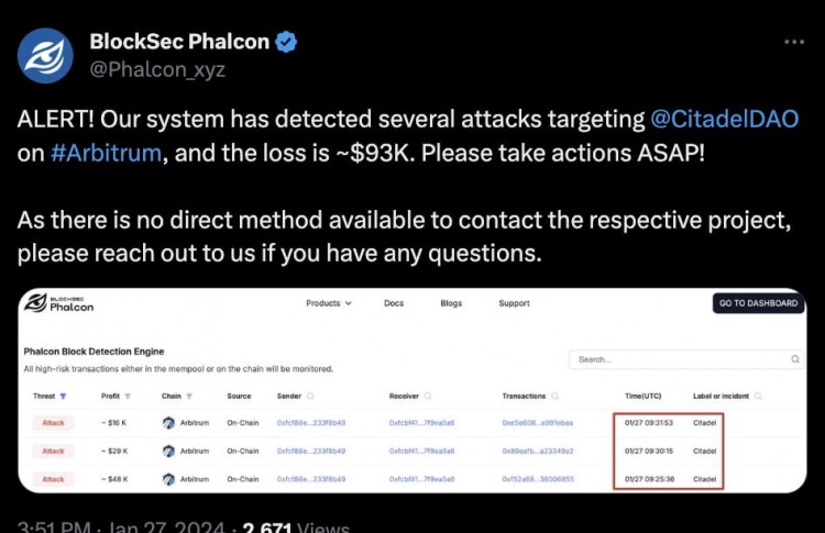 CITADELONE遭受ARBITRUM链攻击损失约93000美元