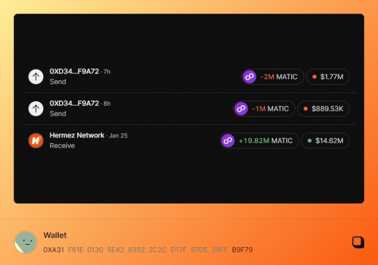 HERMEZNETWORK关联钱包0XA31的300万个MATIC代币价值约285万美元近7天上涨12