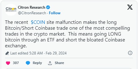 CITRON建议投资者做空COINBASECOIN股票