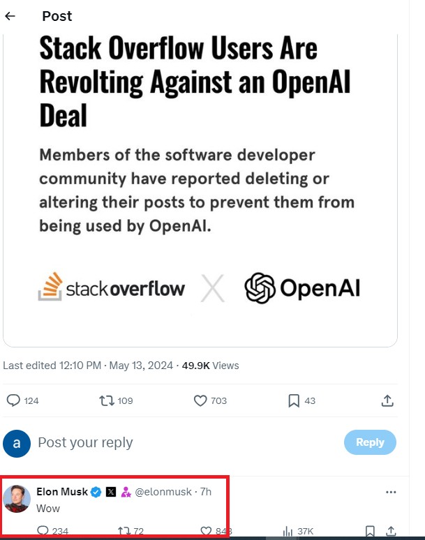 埃隆马斯克ELONMUSK对STACKOVERFLOW用户抗议OPENAI交易的反抗做出了反应